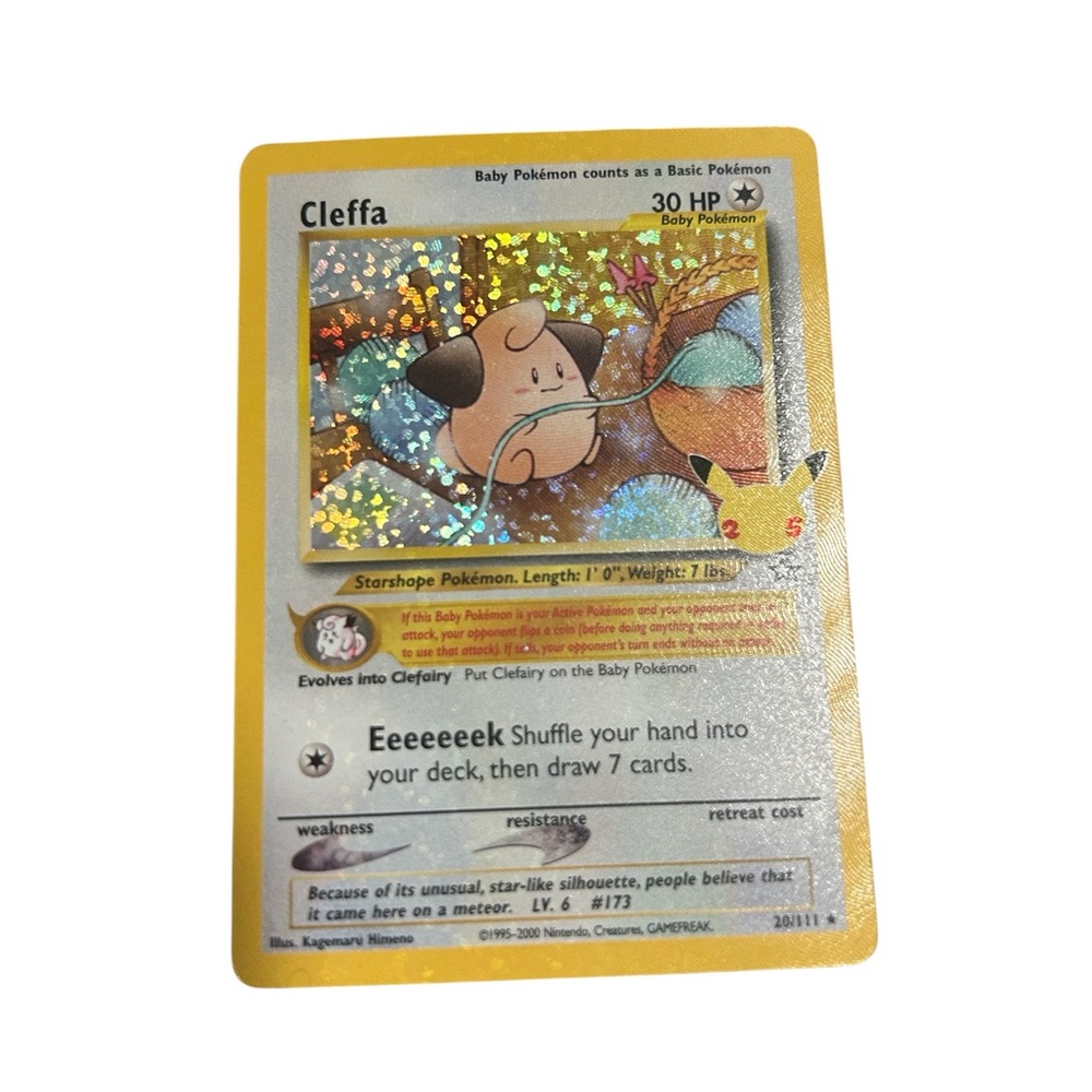 Cleffa Pokémon Card with Holographic Design both cards 1995-2000. Rare anniv ed